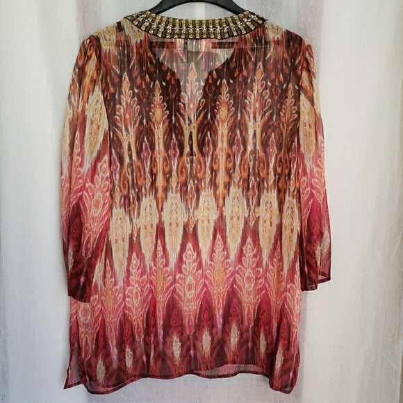 Chico's Chiffon Sequin Collar 3/4 Sleeve Sheer Blouse Orange Geo Women's 3 (XL) - Picture 5 of 8